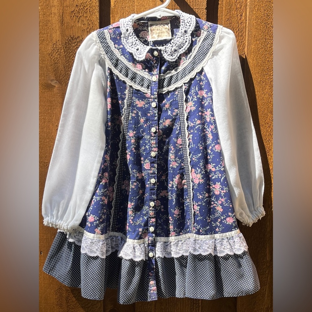 Gunne Sax Vintage 1970’s Little Girls Blue Calico Long Sleeve Dress Size 4 EUC